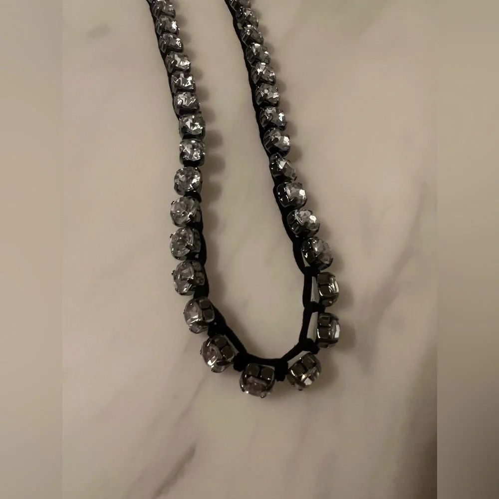 Necklace Faux Diamond Silver Long Super Shiny Party Black Corded